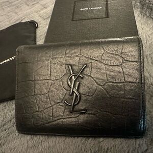Yves Saint Laurent Black Croc-Embossed Leather Card Holder with YSL Logo